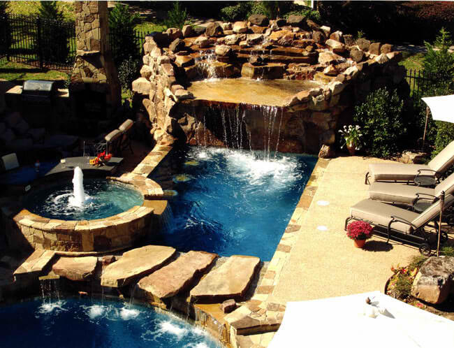 Swimming Pool and Spa with Rock Waterfalls and Bubbler